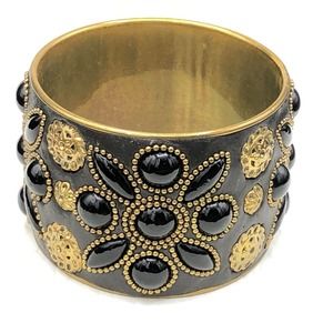 Handmade Artisan Brass Floral Bracelet Ornamental Beads Black Resin Cuff Bangle